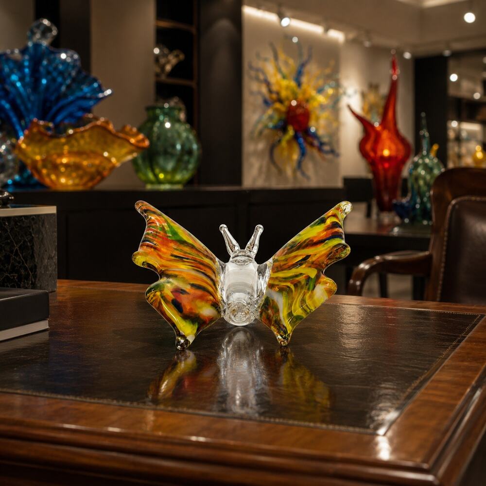 Hand Blown Art Glass Butterfly Figurine Multicolor Paperweight Decor